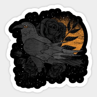 Gothic Black Rose and Crow - Forest Bird Creepy - Full Moon Raven Sticker